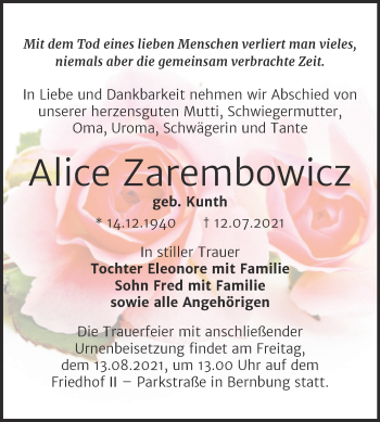 Traueranzeige von Alice Zarembowicz von Trauerkombi Bernburg