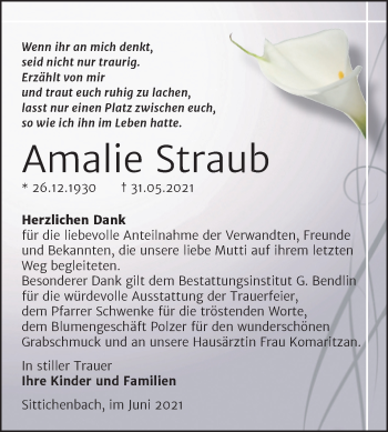 Traueranzeige von Amalie Straub von Mitteldeutsche Zeitung Mansfelder Land