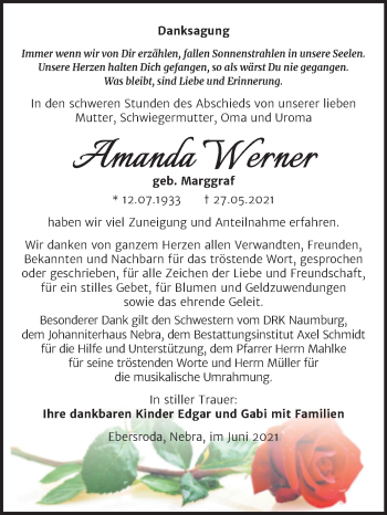 Traueranzeige von Amanda Werner von Wochenspiegel Naumburg/Nebra