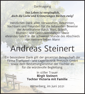 Traueranzeige von Andreas Steinert von Trauerkombi Wittenberg
