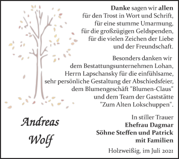 Traueranzeige von Andreas Wolf von Trauerkombi Bitterfeld