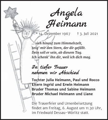 Traueranzeige von Angela Heimann von Trauerkombi Dessau