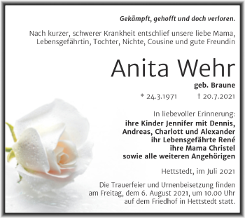 Traueranzeige von Anita Wehr von Trauerkombi Mansfelder Land