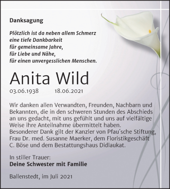 Traueranzeige von Anita Wild von Trauerkombi Quedlinburg