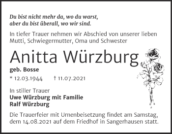 Traueranzeige von Anitta Würzburg von Trauerkombi Sangerhausen