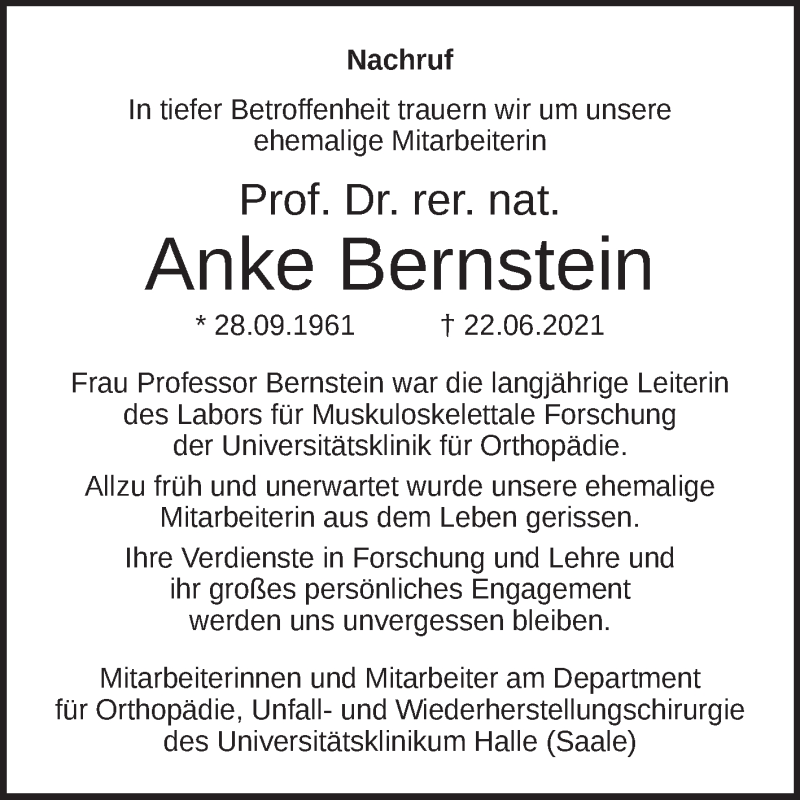  Traueranzeige für Anke Bernstein vom 03.07.2021 aus Mitteldeutsche Zeitung Halle/Saalkreis