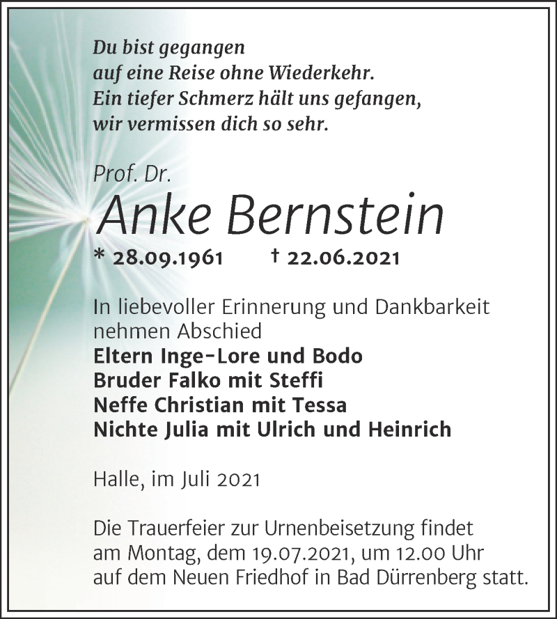  Traueranzeige für Anke Bernstein vom 03.07.2021 aus Mitteldeutsche Zeitung Halle/Saalkreis