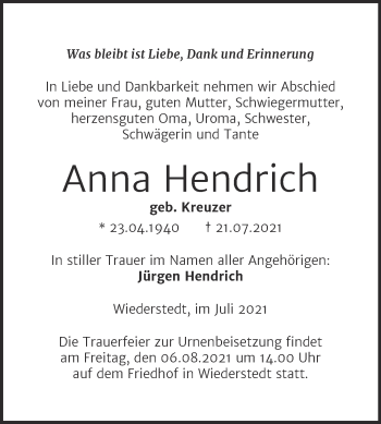 Traueranzeige von Anna Hendrich von Trauerkombi Mansfelder Land
