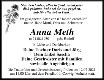 Traueranzeige von Anna Meth von Trauerkombi Wittenberg