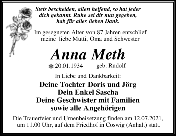 Traueranzeige von Anna Meth von Trauerkombi Wittenberg