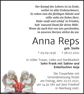 Traueranzeige von Anna Reps von Trauerkombi Bernburg
