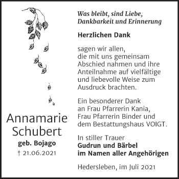 Traueranzeige von Annamarie Schubert von Trauerkombi Mansfelder Land