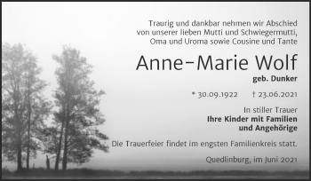 Traueranzeige von Anne-Marie Wolf von Trauerkombi Quedlinburg