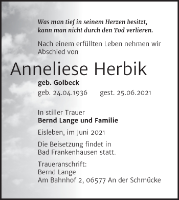 Traueranzeige von Anneliese Herbik von Wochenspiegel Mansfelder Land