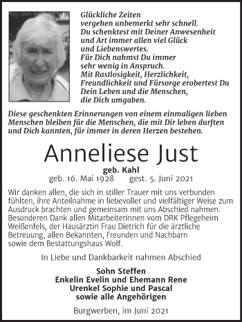 Traueranzeige von Anneliese Just von Trauerkombi Weißenfels