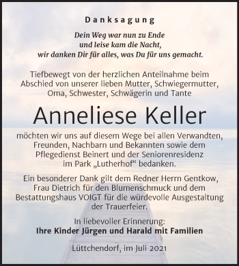 Traueranzeige von Anneliese Keller von Trauerkombi Mansfelder Land