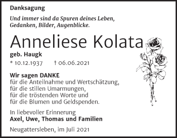 Traueranzeige von Anneliese Kolata von Trauerkombi Bernburg