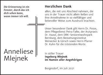 Traueranzeige von Anneliese Mlejnek von Trauerkombi Bernburg