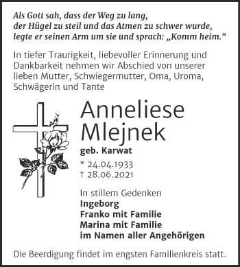 Traueranzeige von Anneliese Mlejnek von Trauerkombi Bernburg