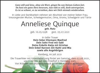 Traueranzeige von Anneliese Quinque von Trauerkombi Wittenberg