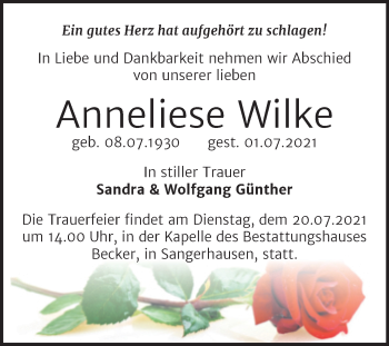 Traueranzeige von Anneliese Wilke von Mitteldeutsche Zeitung Sangerhausen