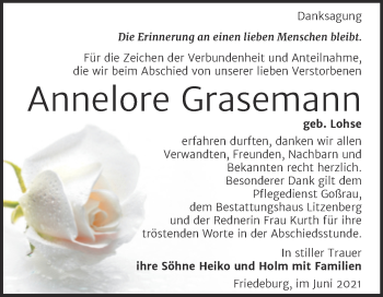 Traueranzeige von Annelore Grasemann von Trauerkombi Mansfelder Land
