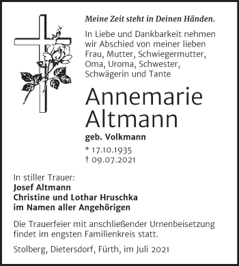 Traueranzeige von Annemarie Altmann von Trauerkombi Sangerhausen