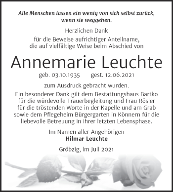 Traueranzeige von Annemarie Leuchte von Trauerkombi Köthen
