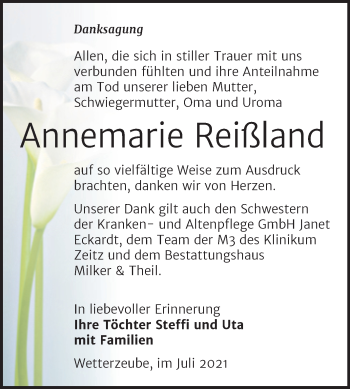 Traueranzeige von Annemarie Reißland von Trauerkombi Zeitz