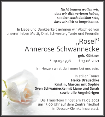 Traueranzeige von Annerose Schwannecke von Trauerkombi Dessau