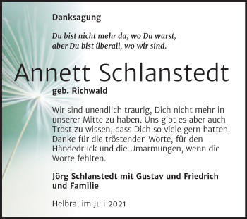 Traueranzeige von Annett Schlanstedt von Trauerkombi Mansfelder Land