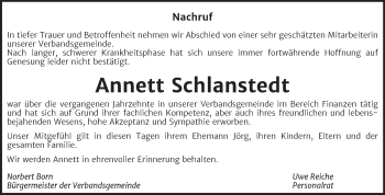 Traueranzeige von Annett Schlanstedt von Wochenspiegel Mansfelder Land