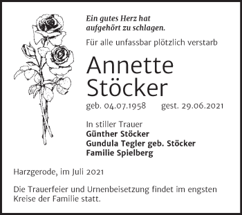 Traueranzeige von Annette Stöcker von Super Sonntag Quedlingburg
