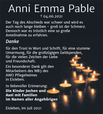 Traueranzeige von Anni Emma Pable von Trauerkombi Mansfelder Land