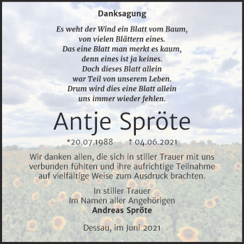 Traueranzeige von Antje Spröte von Trauerkombi Dessau
