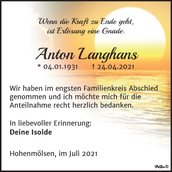 Traueranzeige von Anton Langhans von Trauerkombi Weißenfels