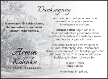 Traueranzeige von Armin Kohnke von Trauerkombi Wittenberg