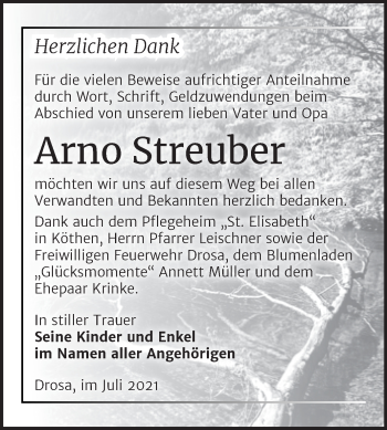 Traueranzeige von Arno Streuber von Trauerkombi Köthen