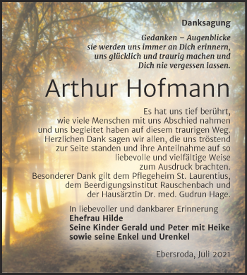Traueranzeige von Arthur Hofmann von Wochenspiegel Naumburg/Nebra