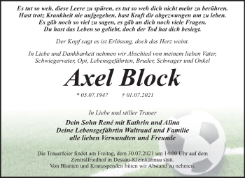 Traueranzeige von Axel Block von Trauerkombi Dessau