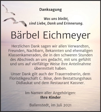 Traueranzeige von Bärbel Eichmeyer von Trauerkombi Quedlinburg