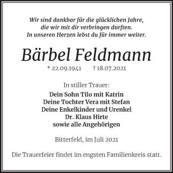 Traueranzeige von Bärbel Feldmann von Trauerkombi Bitterfeld