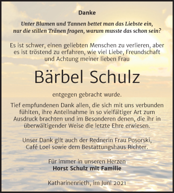 Traueranzeige von Bärbel Schulz von Trauerkombi Sangerhausen