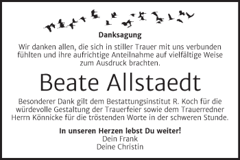 Traueranzeige von Beate Allstaedt von Wochenspiegel Naumburg/Nebra