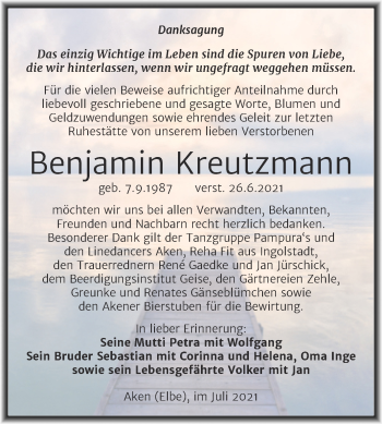 Traueranzeige von Benjamin Kreutzmann von Trauerkombi Köthen