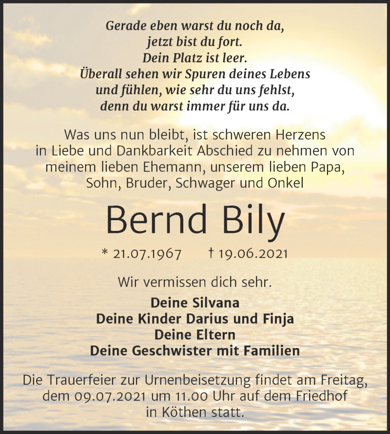  Traueranzeige für Bernd Bily vom 03.07.2021 aus Trauerkombi Köthen