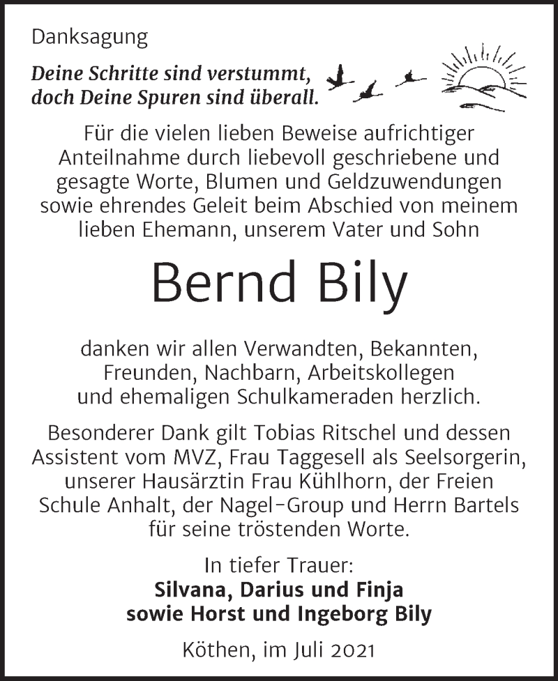 Traueranzeige für Bernd Bily vom 17.07.2021 aus Trauerkombi Köthen