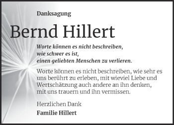 Traueranzeige von Bernd Hillert von Trauerkombi Wittenberg