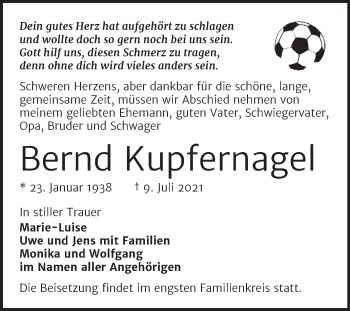 Traueranzeige von Bernd Kupfernagel von Mitteldeutsche Zeitung Halle/Saalkreis
