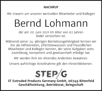 Traueranzeige von Bernd Lohmann von Wochenspiegel Bitterfeld